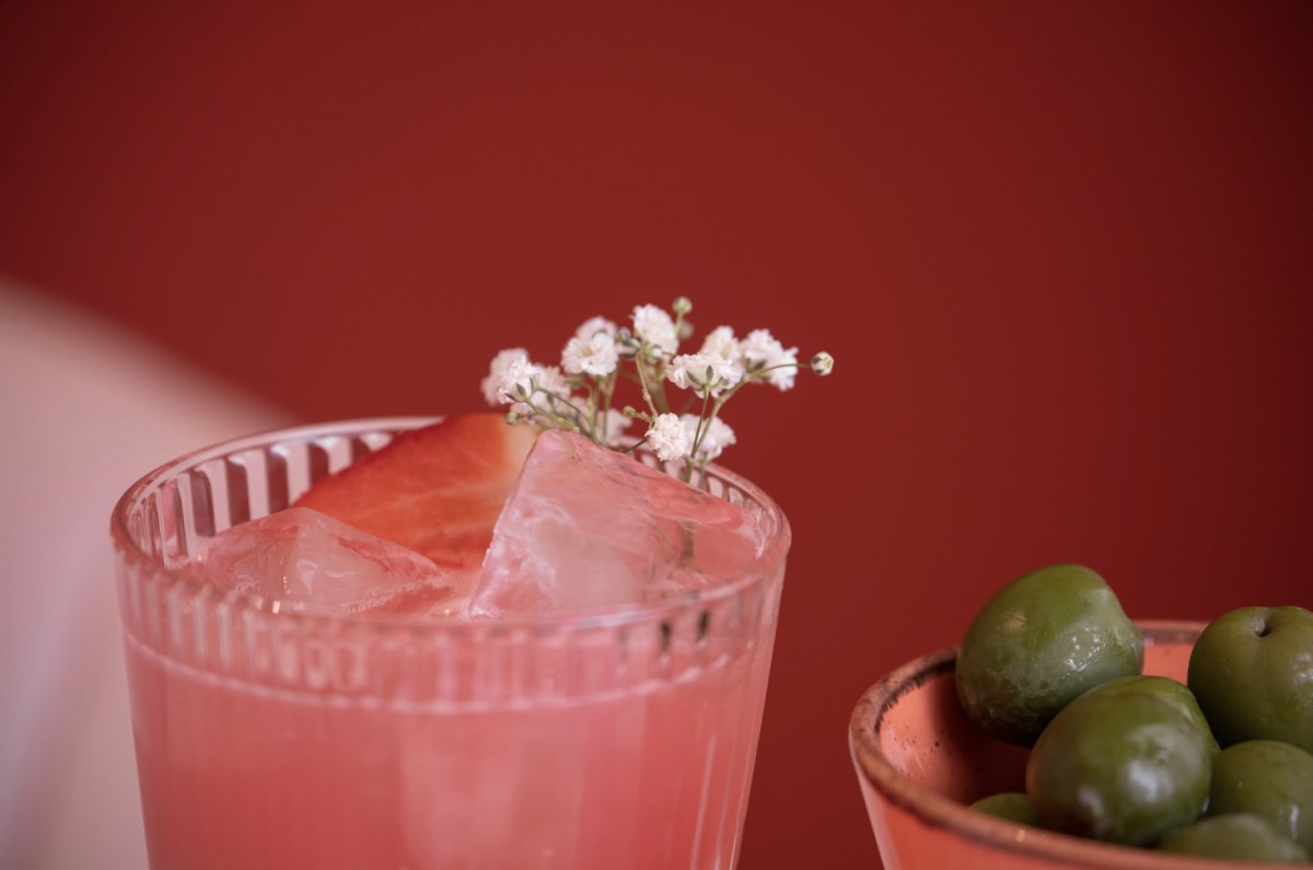 Cocktail and olives at Cafe Mercy